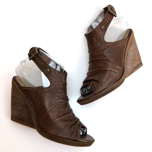 Vintage Anthropologie MATISSE New Haven Brown Leather Peep Toe Wedge Size 5 1/2 - Picture 6 of 11
